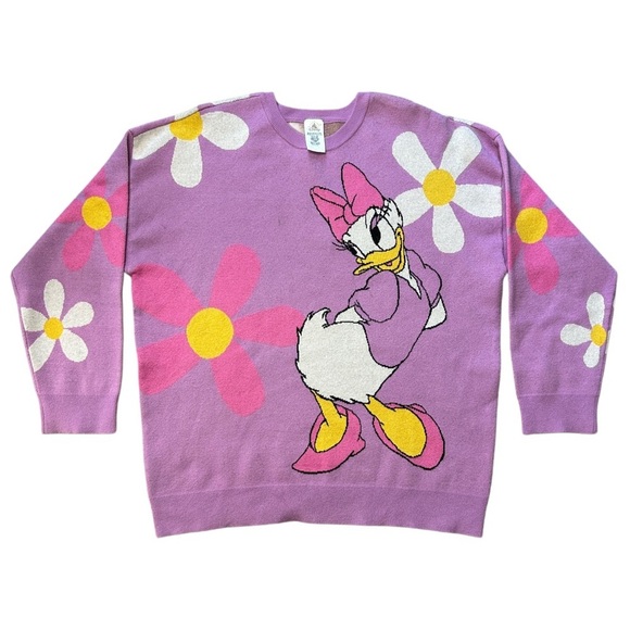 Disney Daisy Duck White and Pink Flowers Lilac Purple Sweater Size XL - Picture 2 of 9